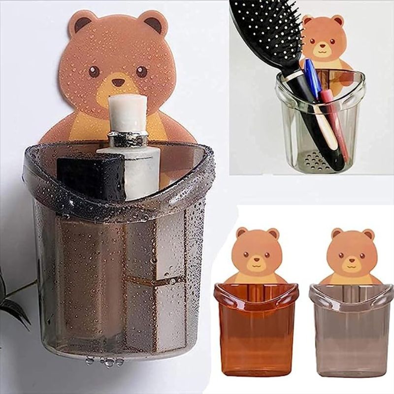 Toothbrush Holder Tumbler Stand Rack Shelf Wall Mounted with Self Adhesive Teddy Bear Magic Sticker No Need to Drill Bathroom Storage Organizer Accessories (1pc)