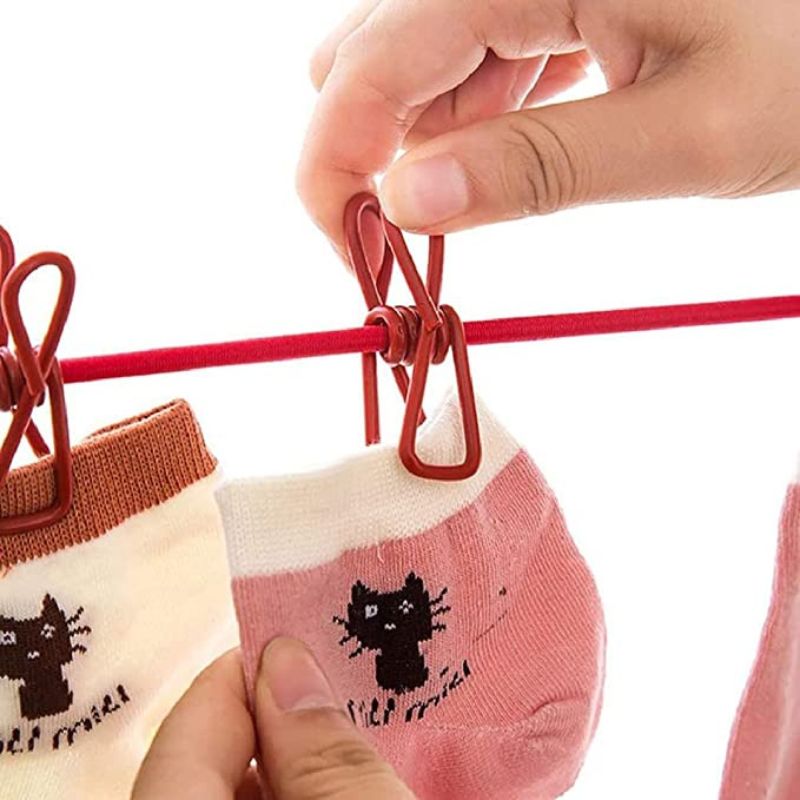 Portable Multi Functional Drying Rope with 12 Clips and 2 Hooks/Portable Outdoor Travel Clothesline Rope Clothes Hanging Hook (Multicolor)