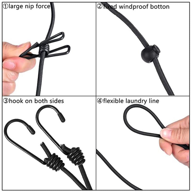 Portable Multi Functional Drying Rope with 12 Clips and 2 Hooks/Portable Outdoor Travel Clothesline Rope Clothes Hanging Hook (Multicolor)