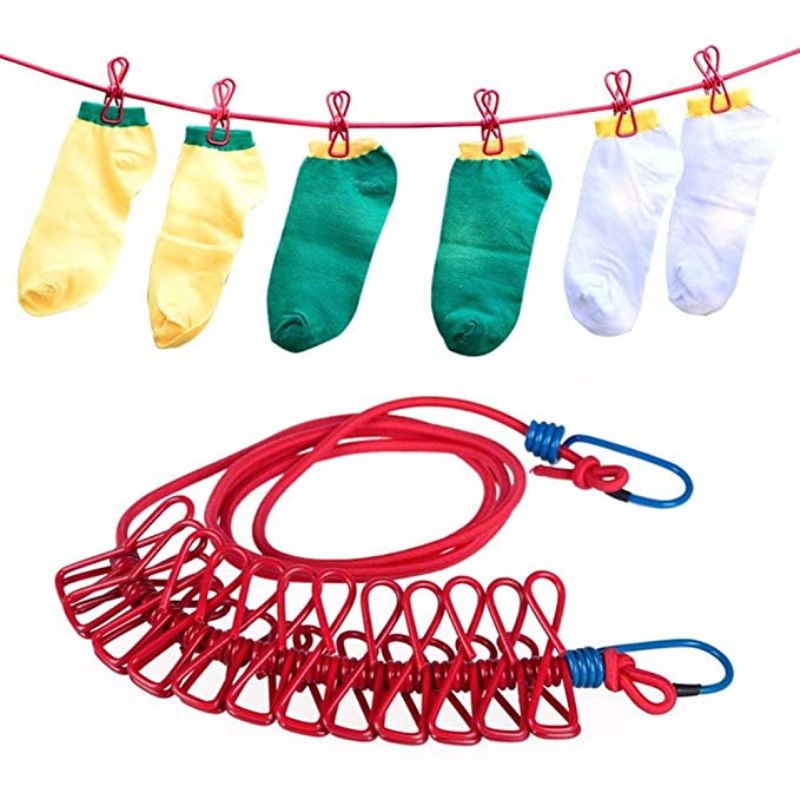 Portable Multi Functional Drying Rope with 12 Clips and 2 Hooks/Portable Outdoor Travel Clothesline Rope Clothes Hanging Hook (Multicolor)