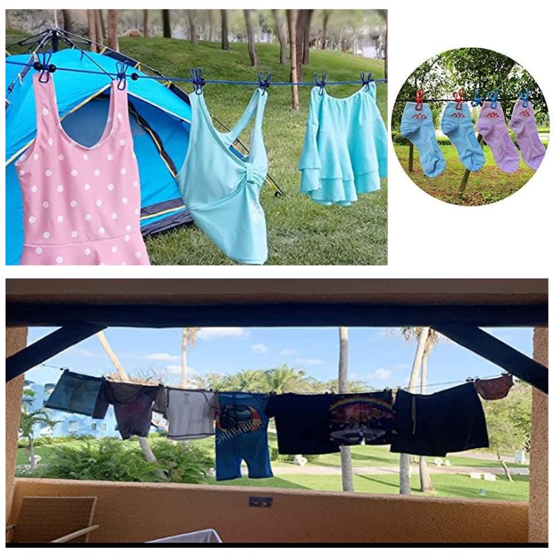 Portable Multi Functional Drying Rope with 12 Clips and 2 Hooks/Portable Outdoor Travel Clothesline Rope Clothes Hanging Hook (Multicolor)