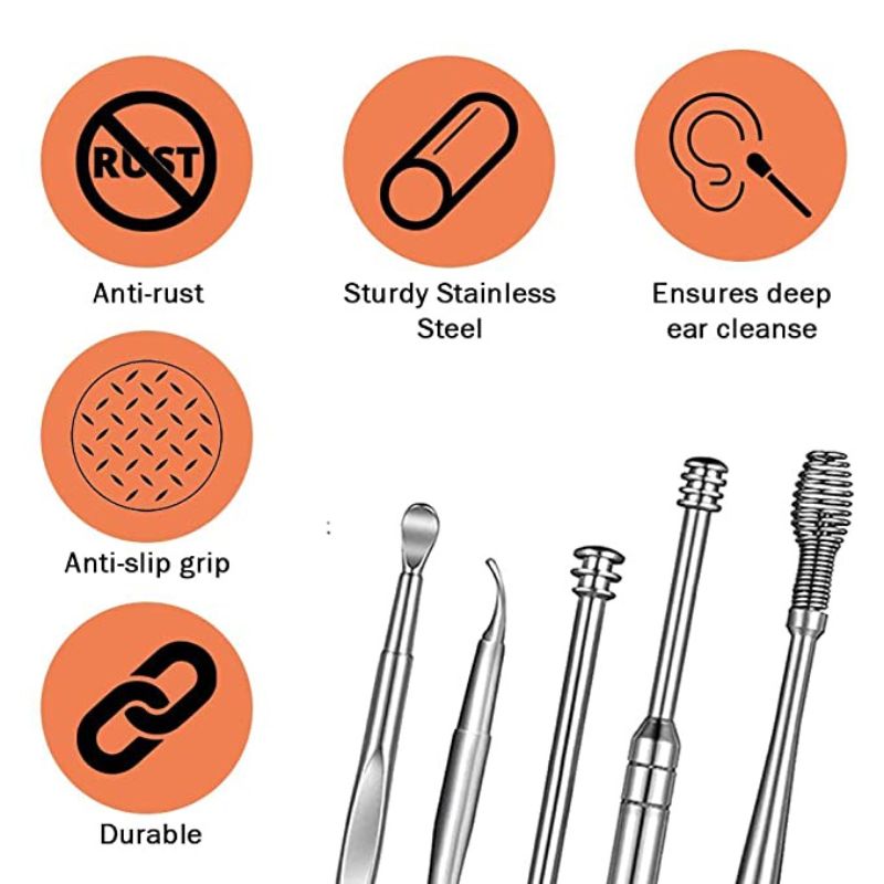 Ear Wax Cleaner - Resuable Ear Cleaner Tool Set with Storage Box - Ear Wax Remover Tool Kit with Ear Curette Cleaner and Spring Ear Buds Cleaner | Stainless Steel