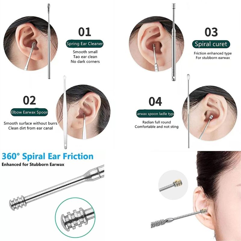 Ear Wax Cleaner - Resuable Ear Cleaner Tool Set with Storage Box - Ear Wax Remover Tool Kit with Ear Curette Cleaner and Spring Ear Buds Cleaner | Stainless Steel